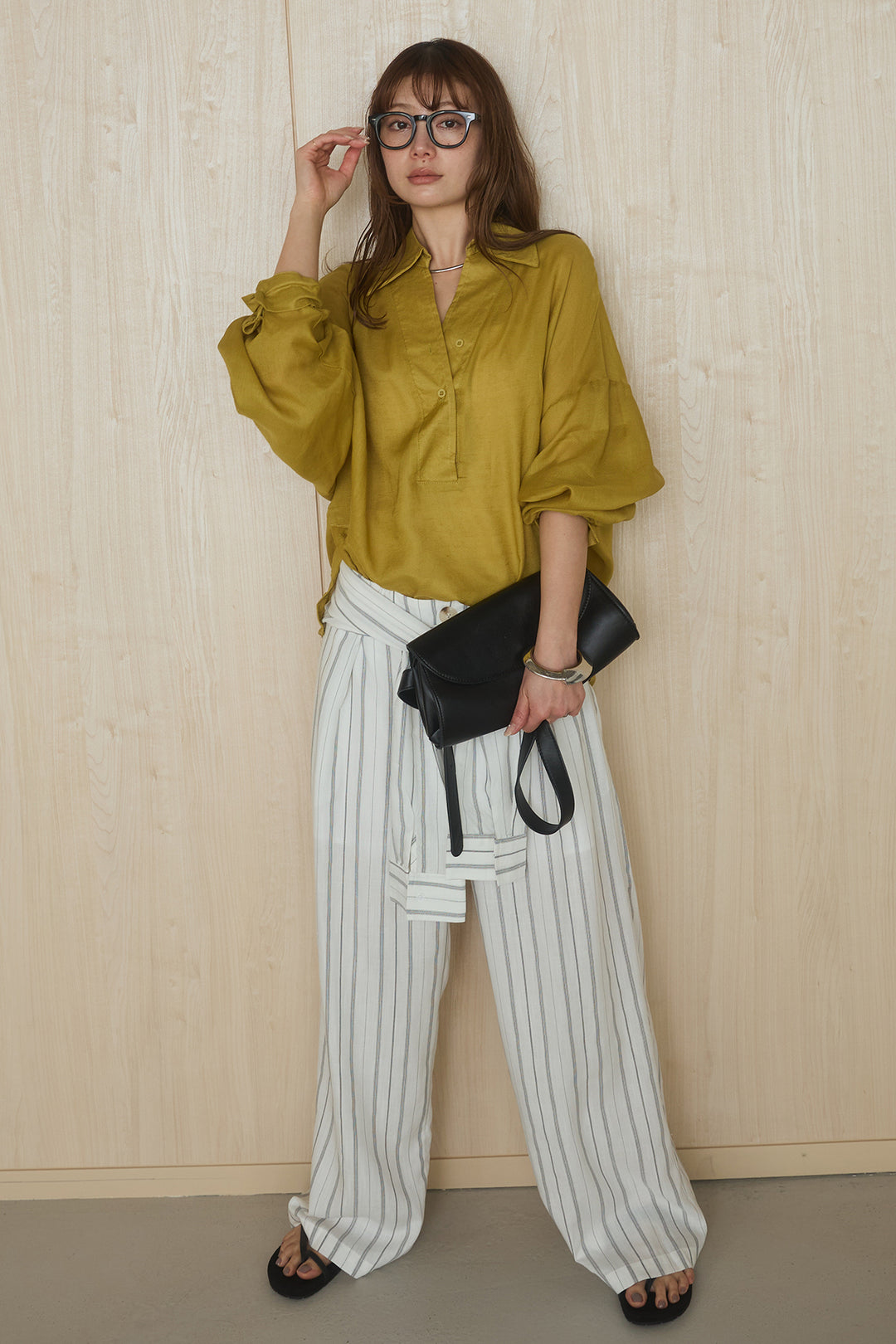 [SET]襟付きボタンブラウス+ウエスト巻きピンストライプパンツ(2set)