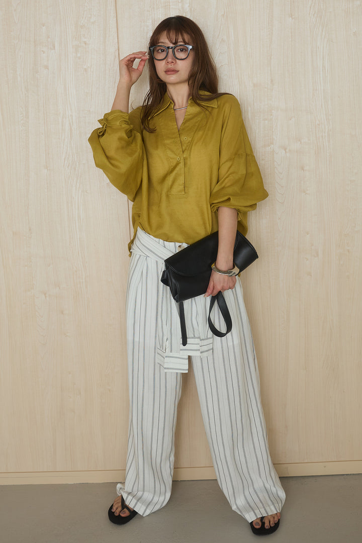 [SET]襟付きボタンブラウス+ウエスト巻きピンストライプパンツ(2set)