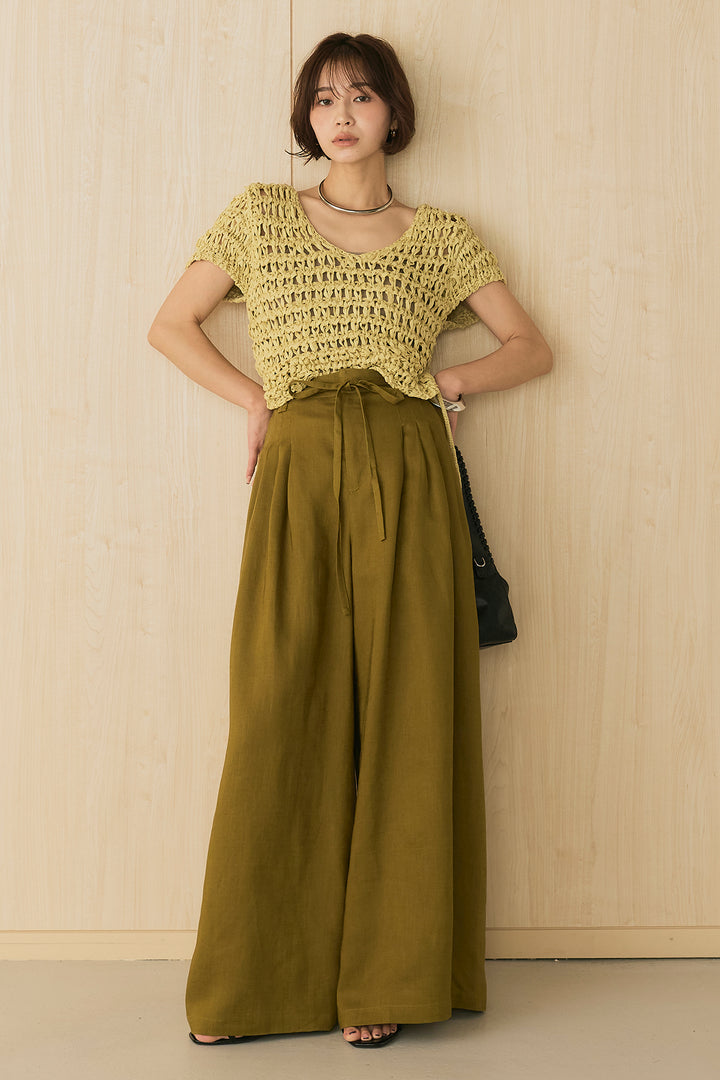 [SET]クラフト透かし編みフレンチニット+紐付き麻混パンツ(2set)