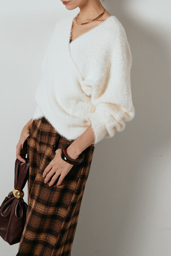 [SET]シャギーカシュクールニットトップス+ルーズタータンチェックワイドパンツ(2set)