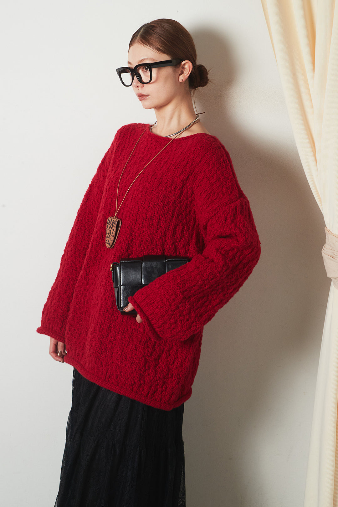 [SET]ボリューム編みニットプルオーバー+ひげレース切替ロング丈スカート(2set)