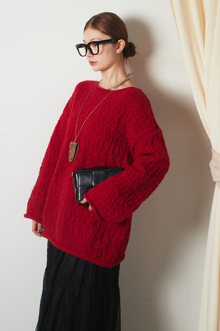 [SET]ボリューム編みニットプルオーバー+ひげレース切替ロング丈スカート(2set)