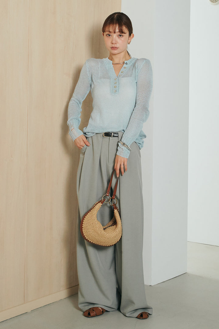 [SET]ヘンリーネックダメージニットプルオーバー+ビックベルトループタックベルト付きワイドパンツ(2set)