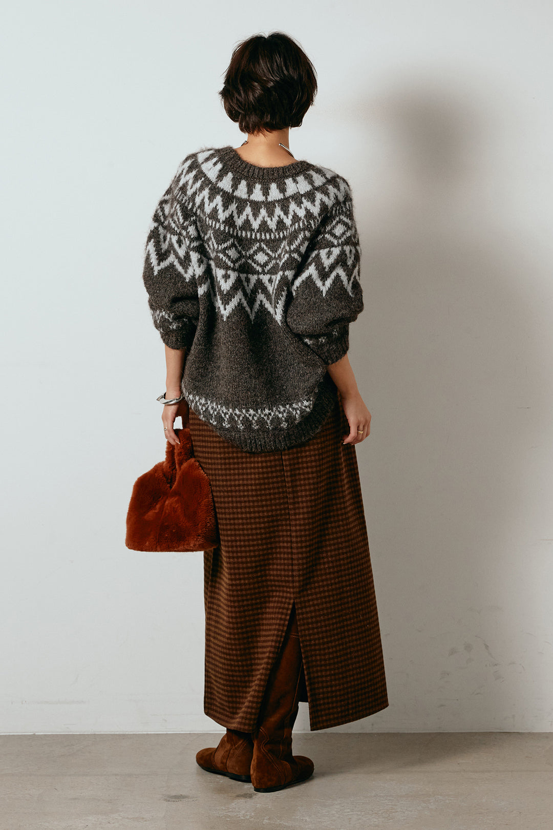 [SET]ノルディック柄Uネックプルオーバー+スエード調ベルト付きチェックナロースカート(2set)