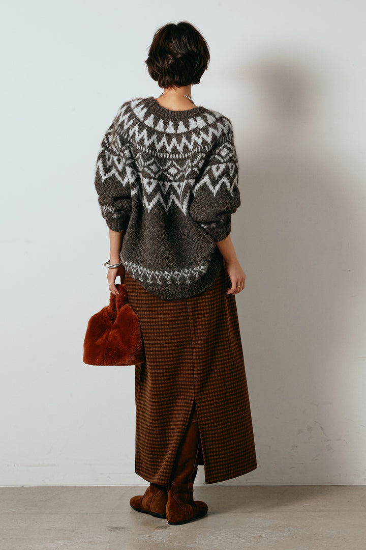 [SET]ノルディック柄Uネックプルオーバー+スエード調ベルト付きチェックナロースカート(2set)