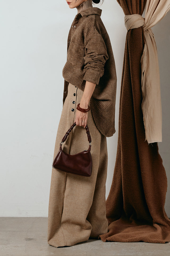 [SET]ルーズクラッシュツイルシャツ+サイドボタンツイードタックパンツ(2set)