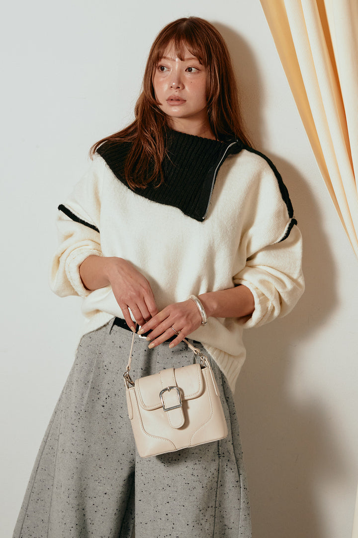 [SET]ハイネックジップデザインニットトップス+ベルト付きネップツイードカーブパンツ(2set)