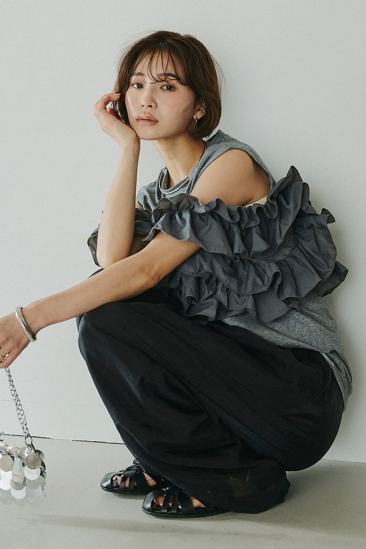 [SET]天竺ナイロンドッキングビスチェ風トップス+オーガンジータックパンツ(2set)