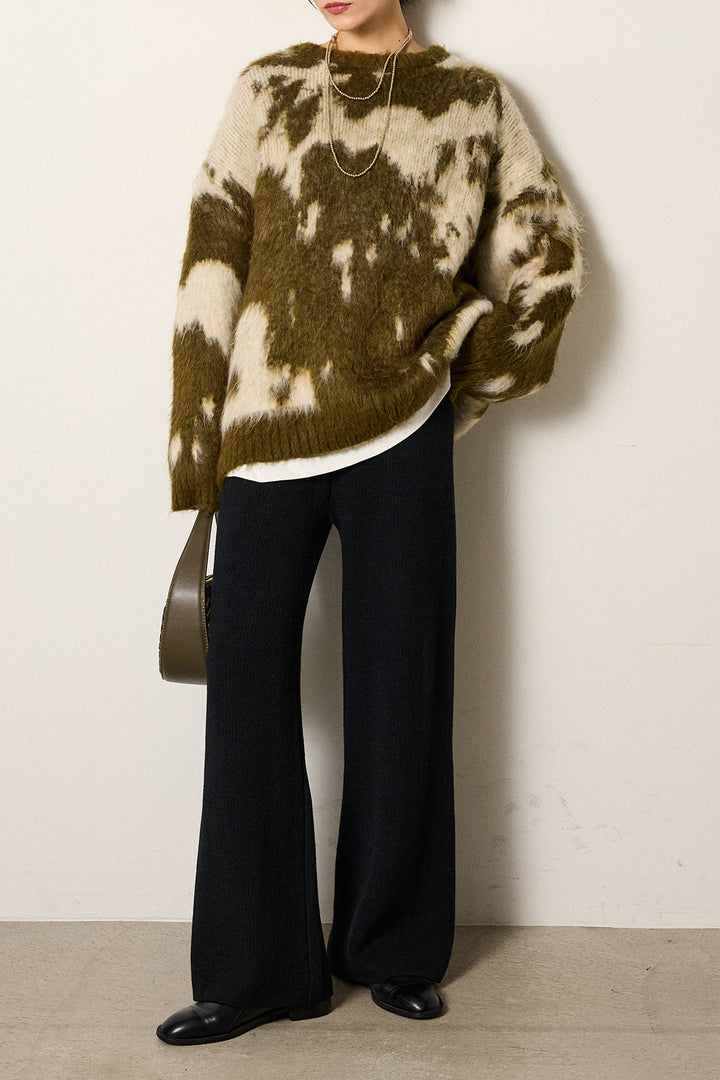 [SET]モヘアタッチマーブルニット+箔プリントBIGシルエットロングスリーブTシャツ+ワイドリブニットイージーパンツ(3set)