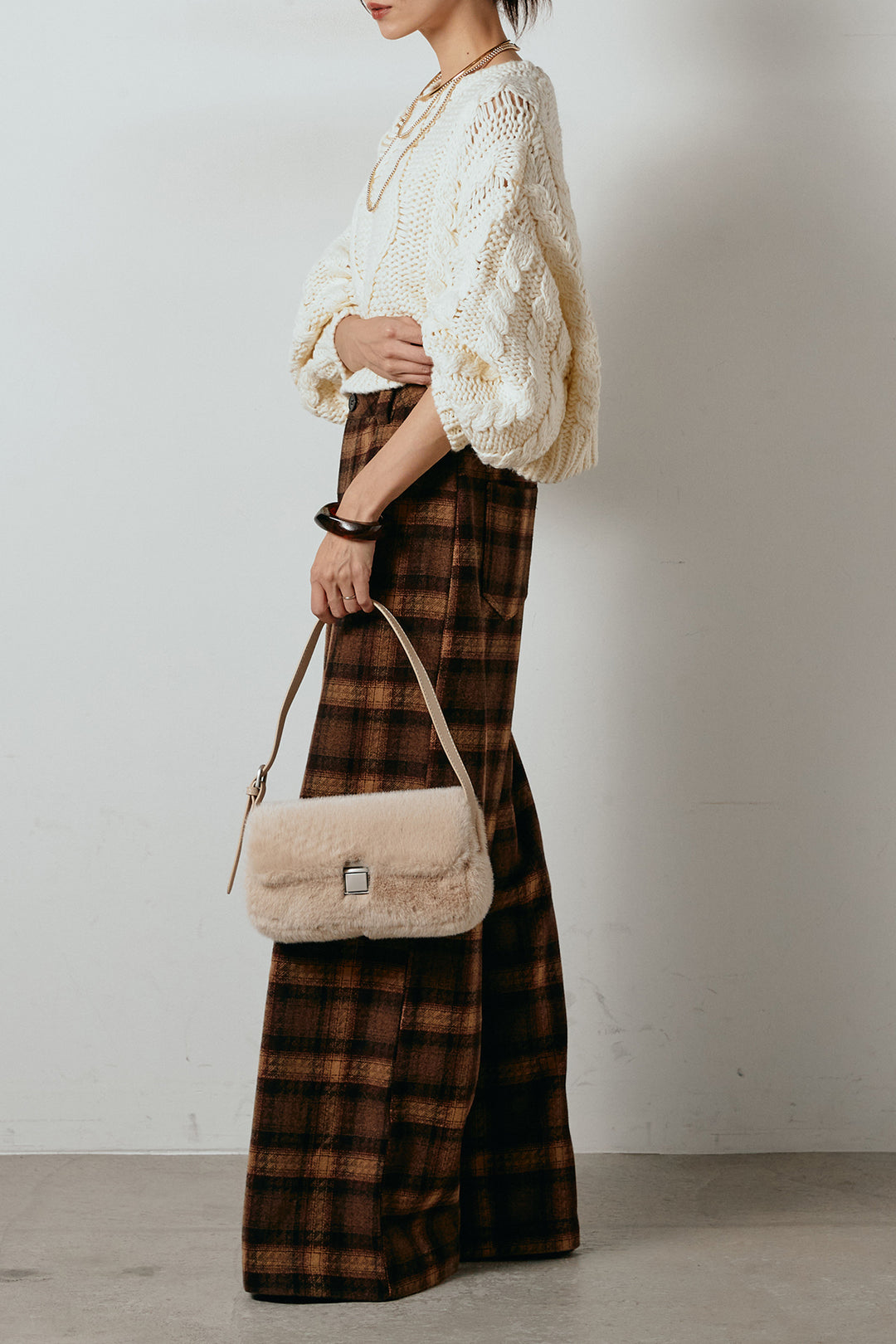 [SET]ロービングケーブルショート丈プルオーバー+ルーズタータンチェックワイドパンツ(2set)