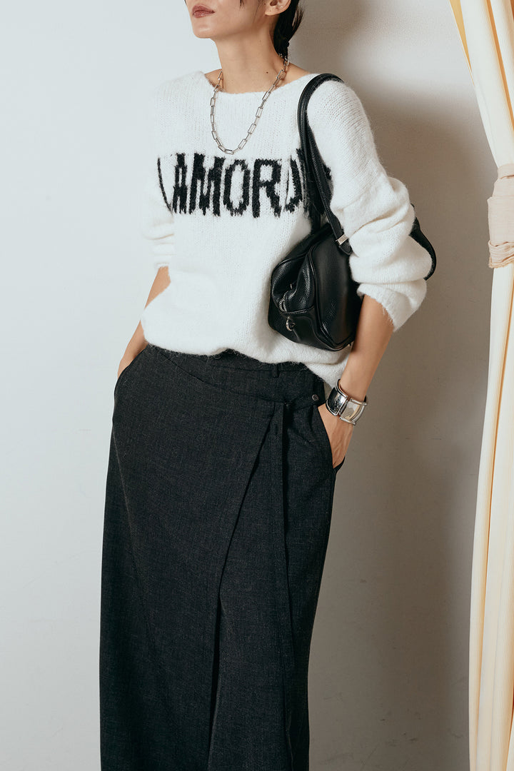 [SET]フロントロゴデザインニットトップス+ラップ巻きワイドスラックス(2set)