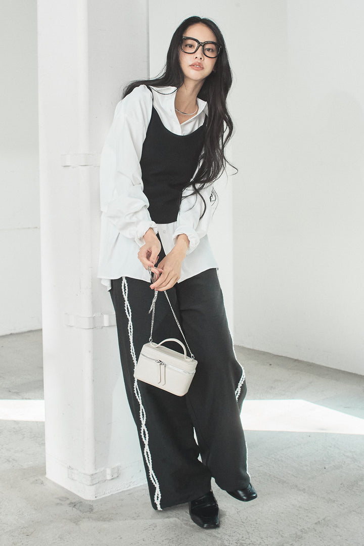 [SET]ニットキャミ付きシャツ+刺繡テープラインパンツ(2set)