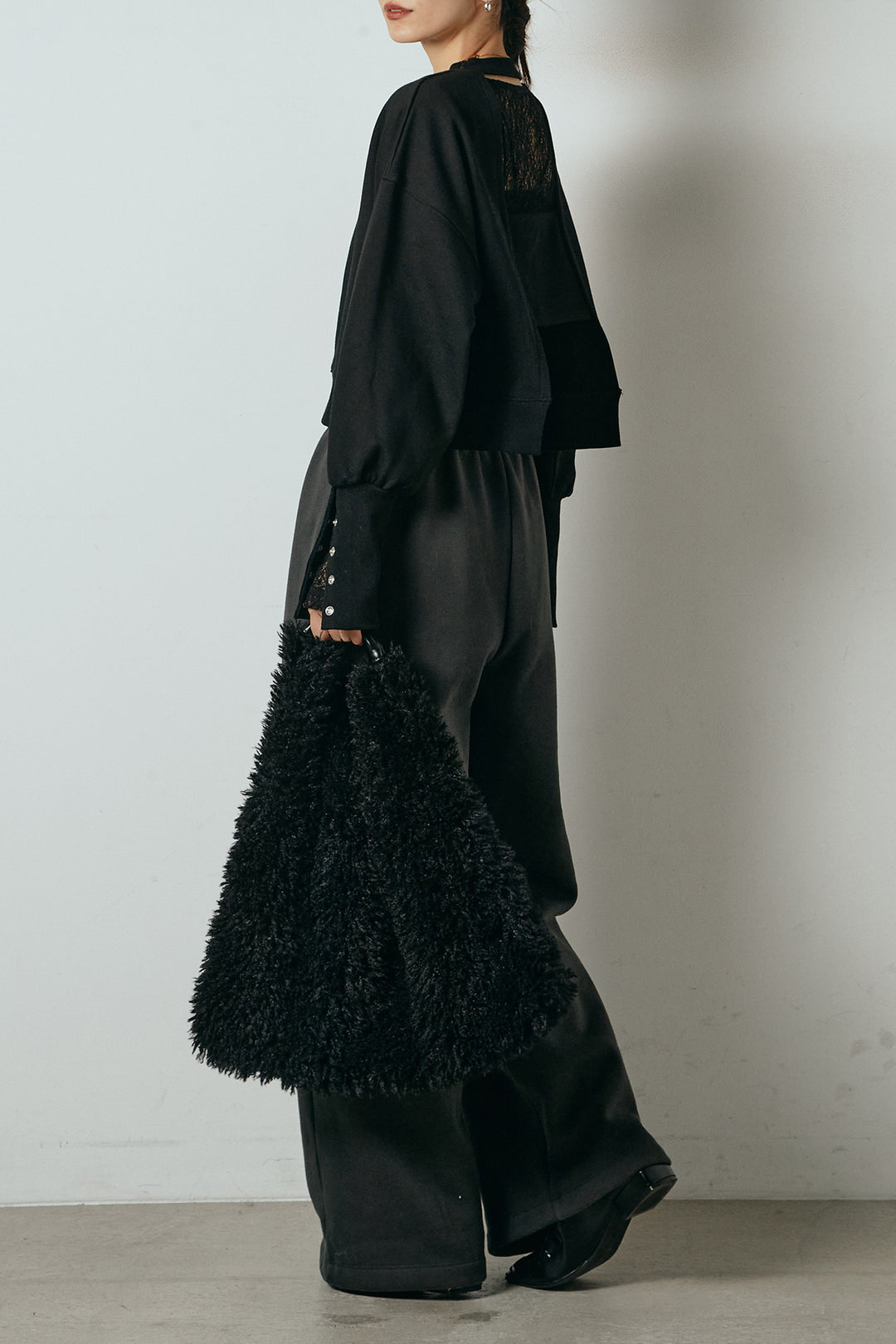 [SET]裏毛バックオープンプルオーバー+ストレッチレースクルーネックインナー+裏起毛スウェットワイドパンツ(3set)