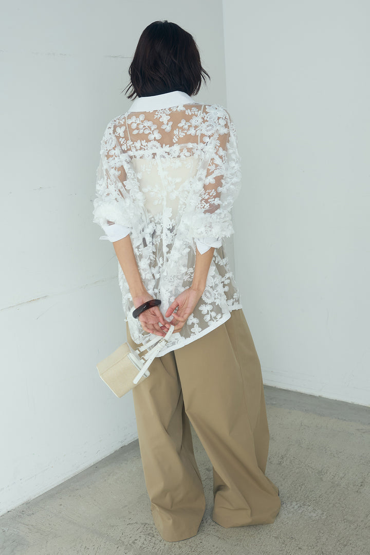 [SET]立体フラワー刺繍レースシャツ+ベルトループデザインハイウエストタックパンツ(2set)
