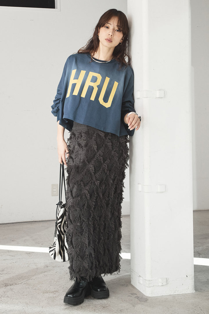 [SET]ビッグロゴHRU袖ボリュームトップス+カットフリンジニットタイトスカート(2set)