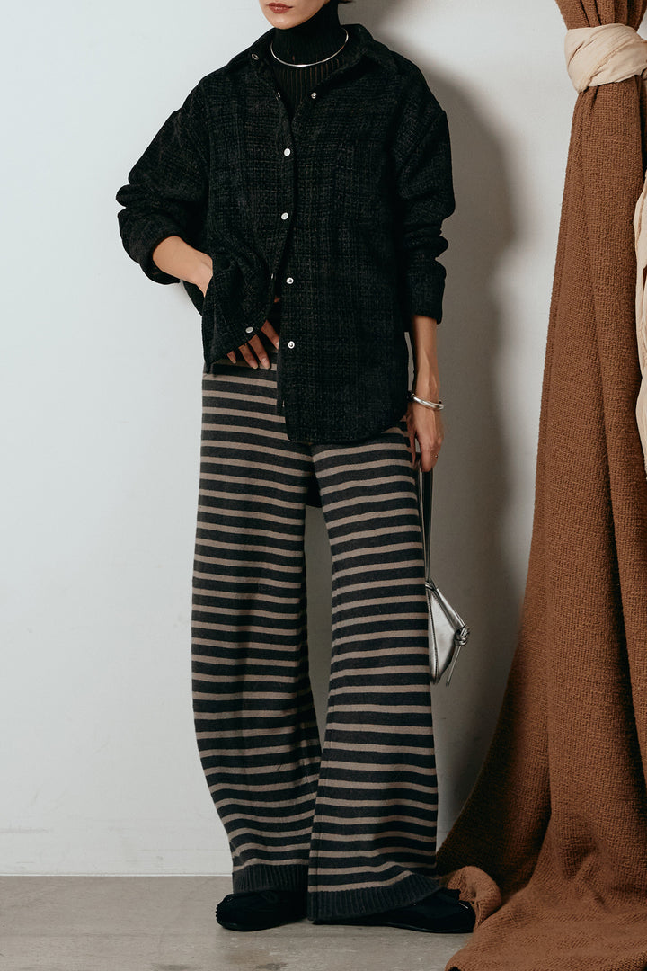 [SET]ルーズクラッシュツイルシャツ+ボーダーリラックスニットパンツ(2set)