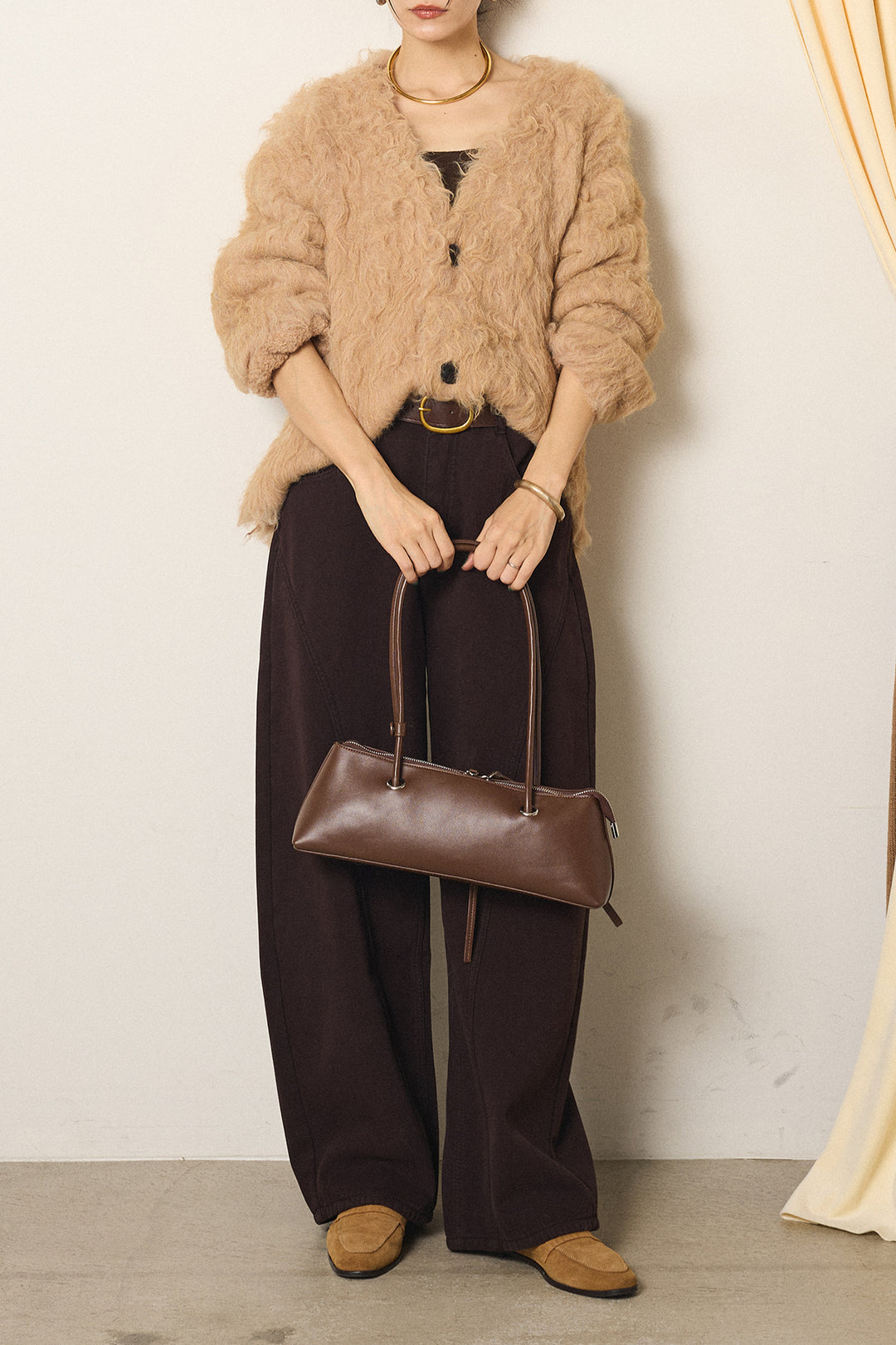 [SET]起毛シャギーニットカーディガン+ベルト付きカジュアルカーブワイドパンツ(2set)