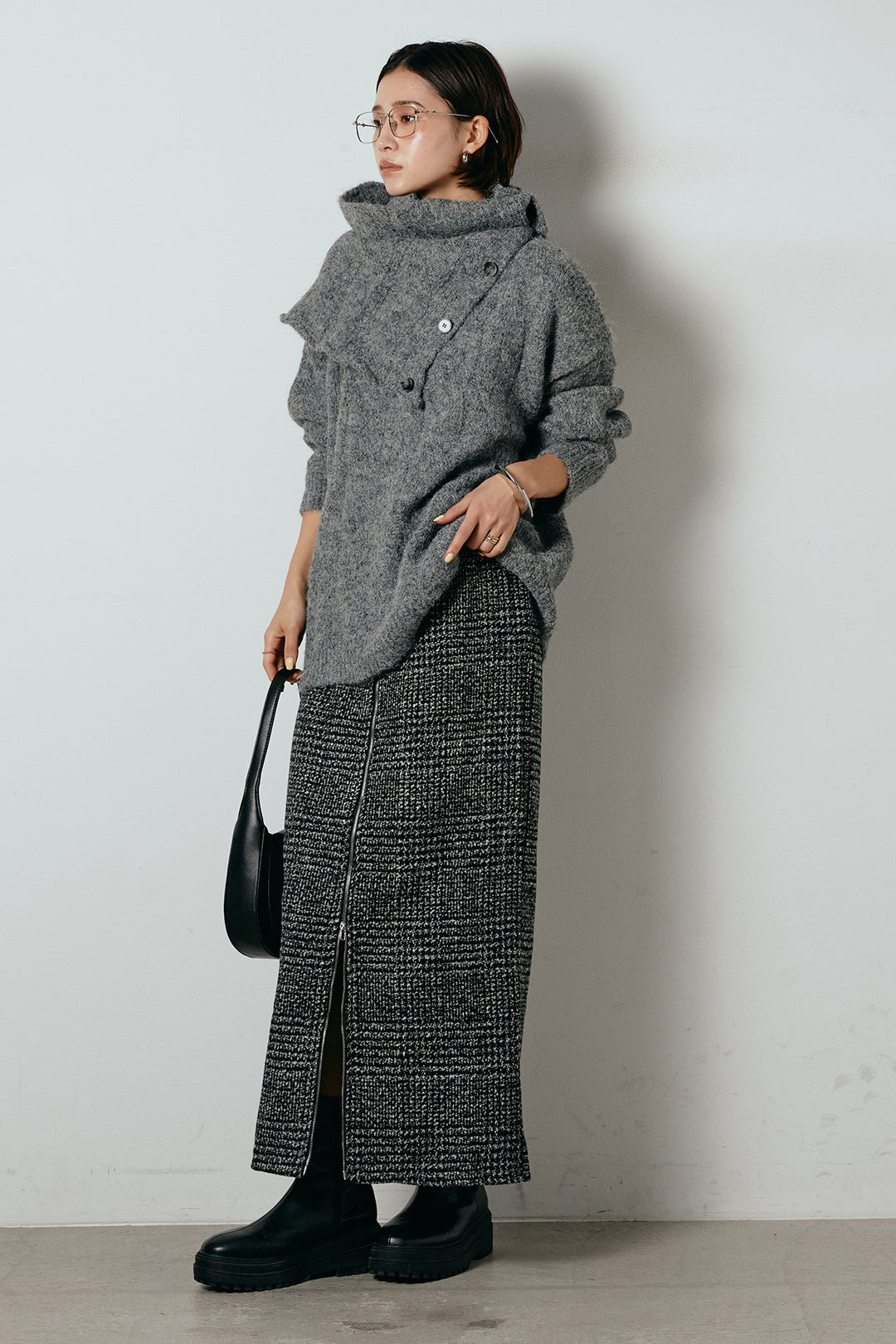 [SET]ケープデザインケーブルニットトップス+グレンチェック柄フロントジップタイトスカート(2set)