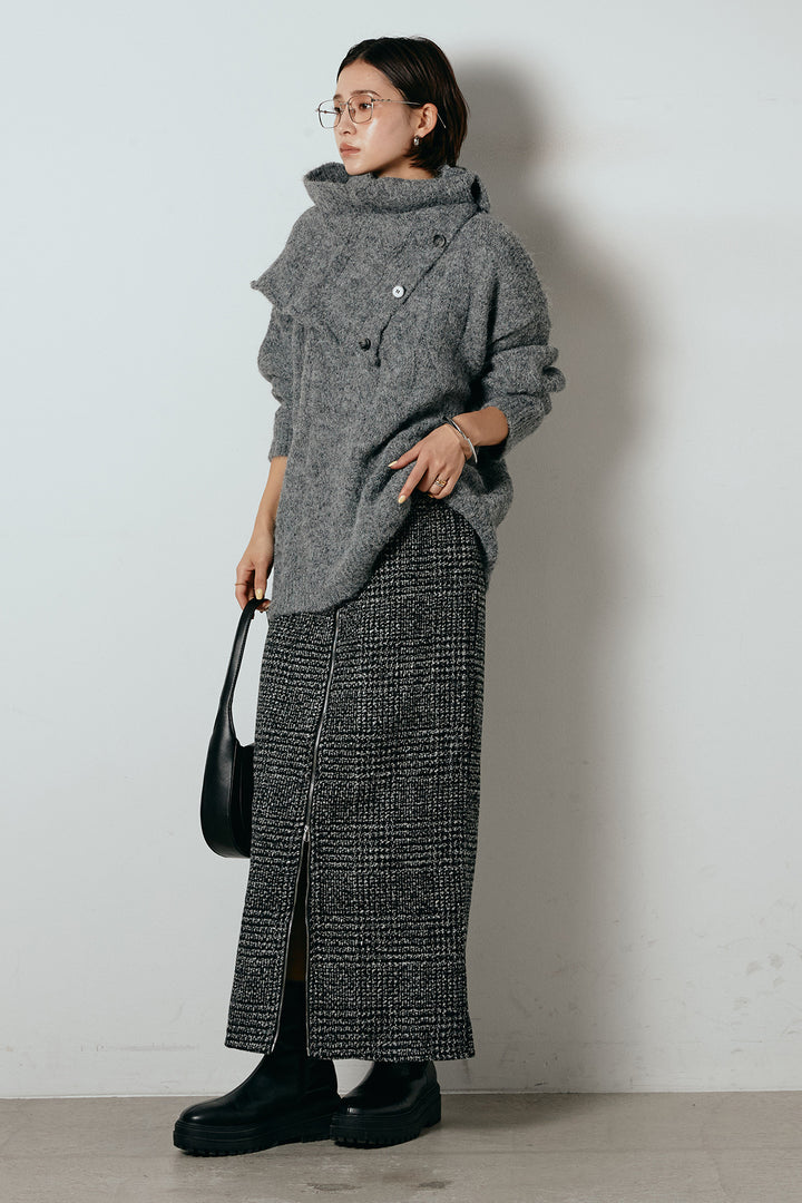 [SET]ケープデザインケーブルニットトップス+グレンチェック柄フロントジップタイトスカート(2set)