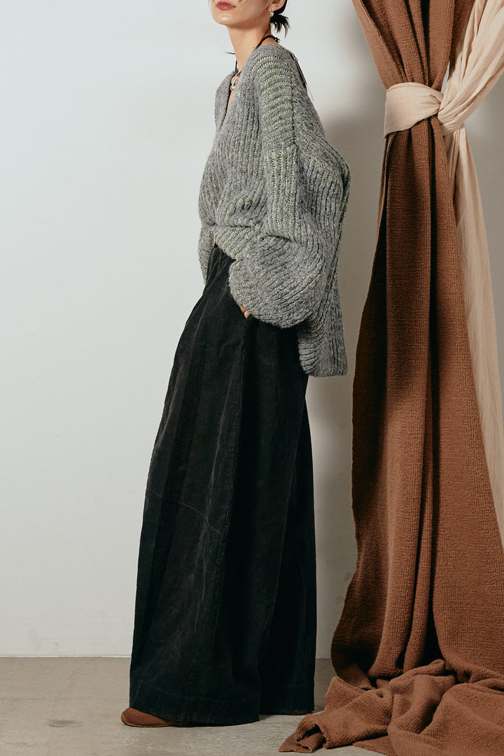 [SET]アルパカタッチ深Vニットトップス+タック入りコーデュロイワイドパンツ(2set)