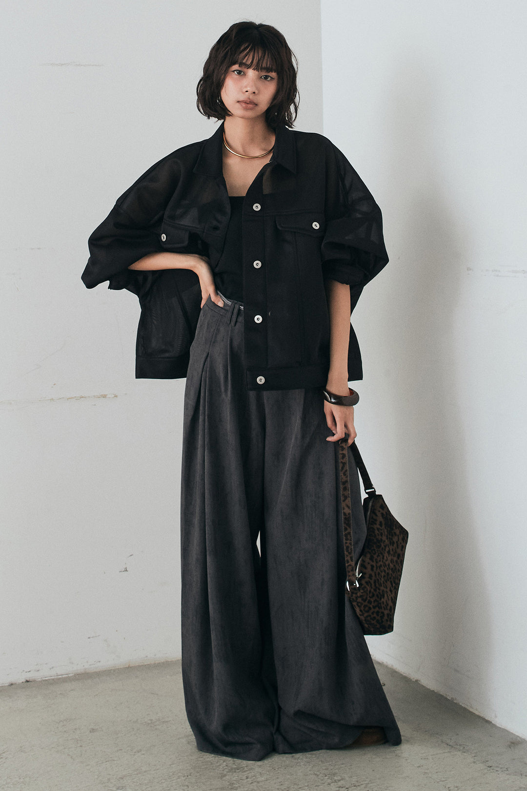 [SET]シアーダンボールサイドドロストジャケット+紐ベルト付きかすれ柄ワイドスラックス(2set)