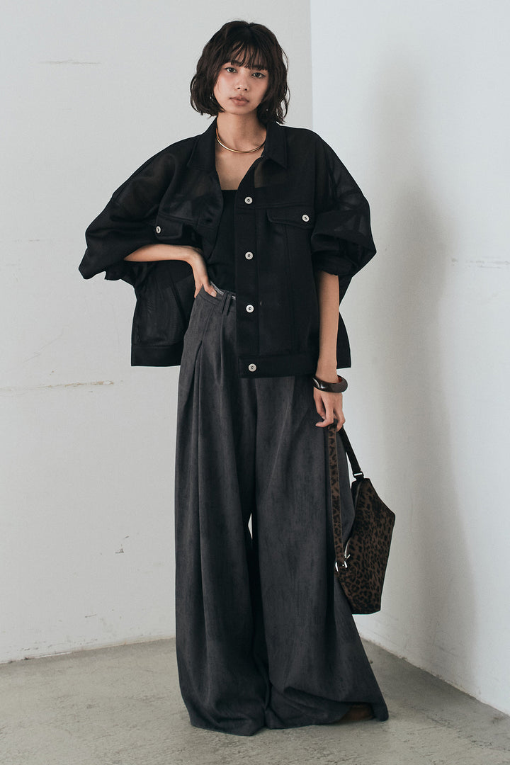 [SET]シアーダンボールサイドドロストジャケット+紐ベルト付きかすれ柄ワイドスラックス(2set)