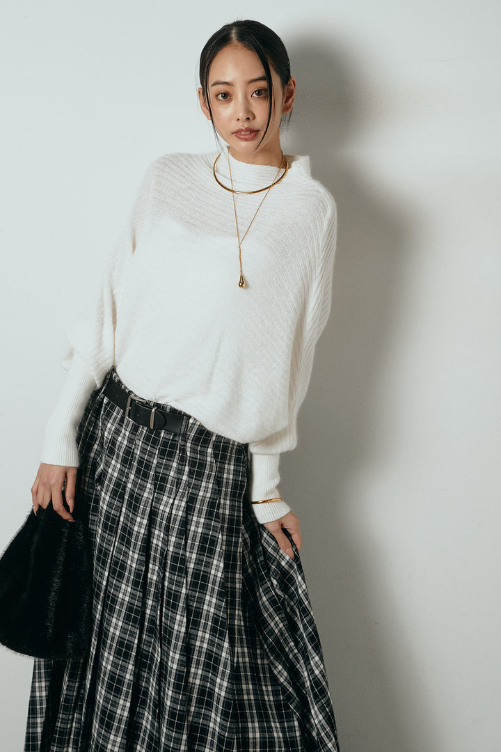 [SET]ポンチョシルエット透かしニットトップス+ベルト付きタータンチェックプリーツスカート(2set)