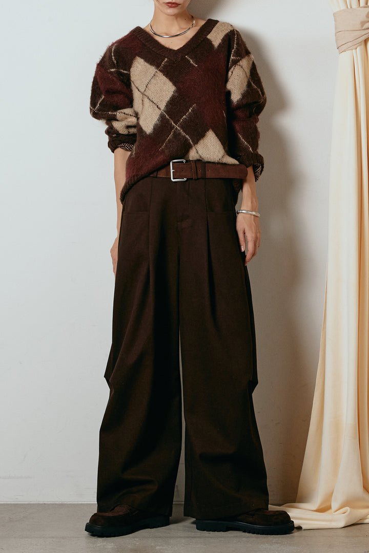 [SET]アクリルモヘアアーガイルVネックプルオーバー+太ベルト付きタックデザインワイドパンツ(2set)