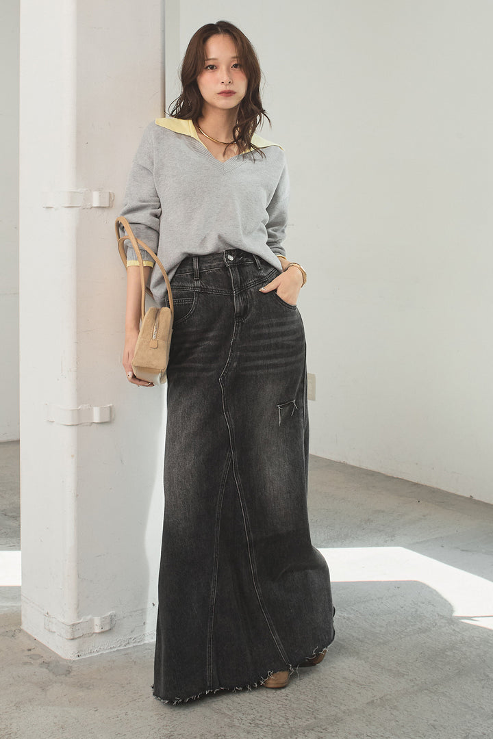 [SET]バイカラーニットレイヤード風プルオーバー+Aラインデニムスカート(2set)