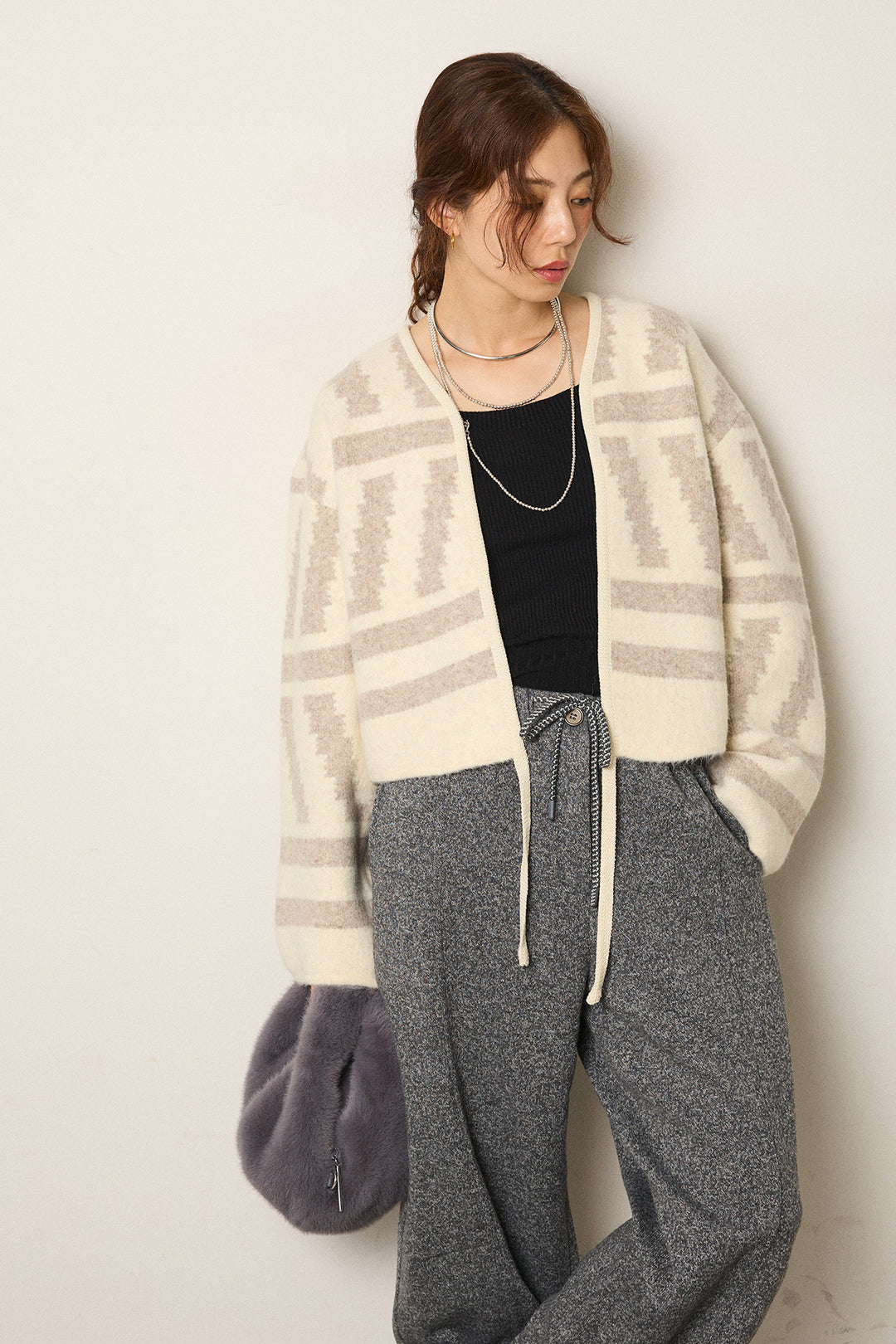 [SET]幾何学柄ノーカラーカーディガン+杢ニットフレアパンツ(2set)