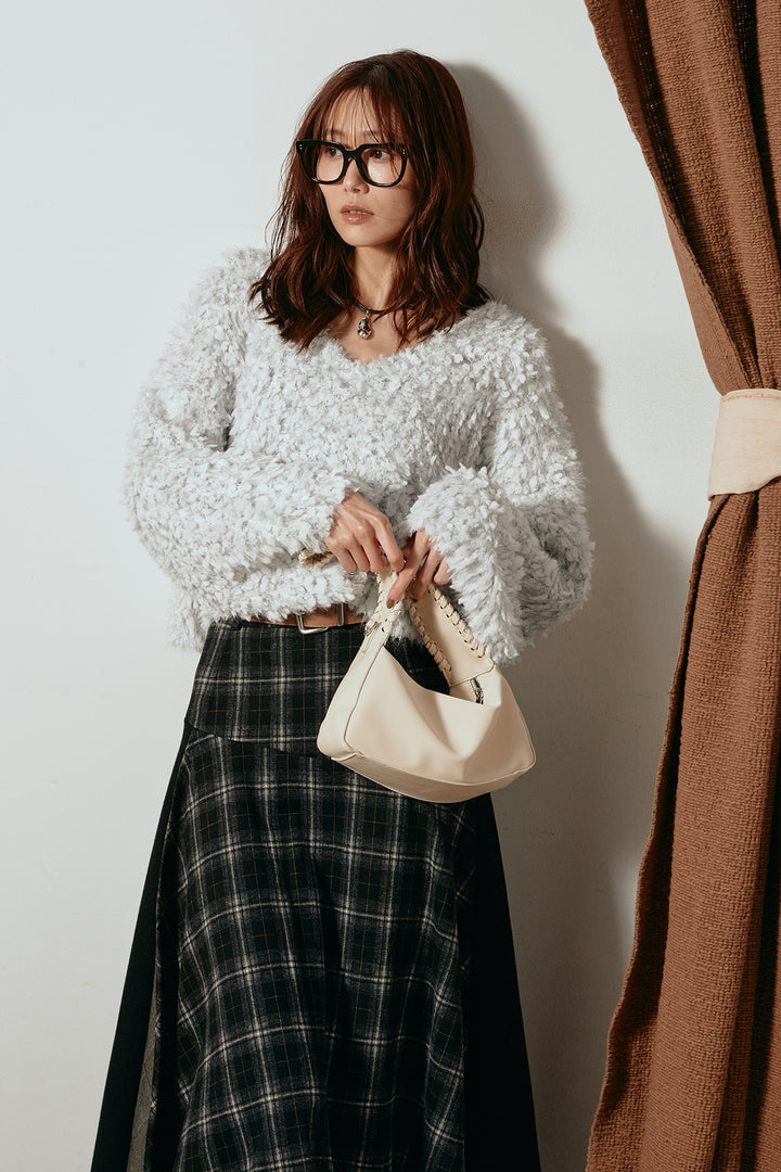 [SET]深Vネックチョウチョヤーンニットトップス+フェイクレザーベルト付き切り替えタータンチェックスカート(2set)