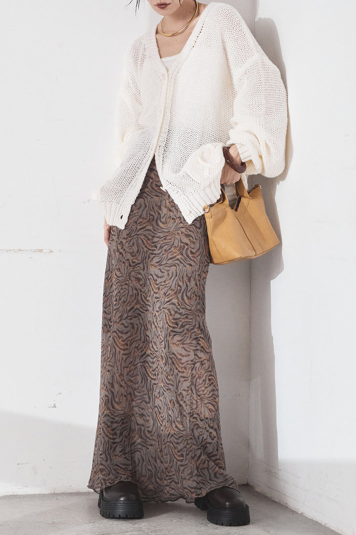 [SET]コード刺繍リラックスニットカーディガン+抽象柄ロングスカート(2set)