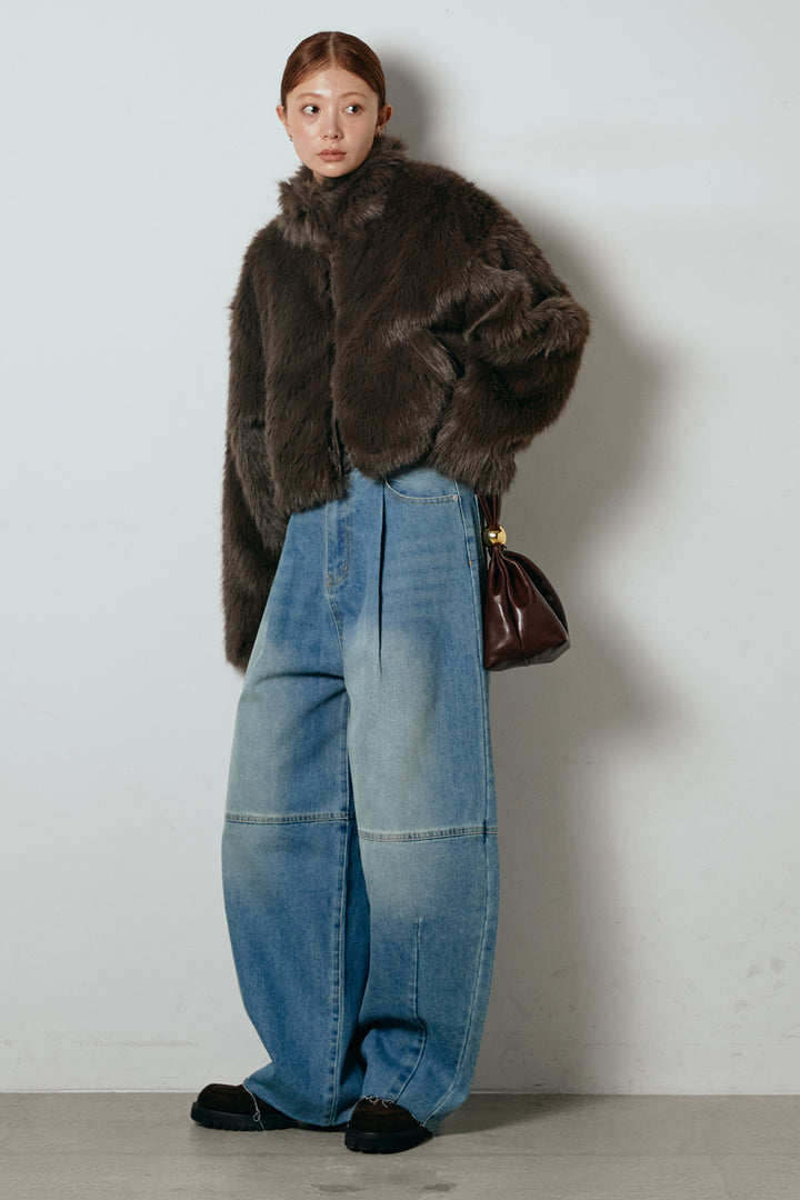 [SET]エコファーショート丈ブルゾン+加工デニムタックコクーンワイドパンツ(2set)