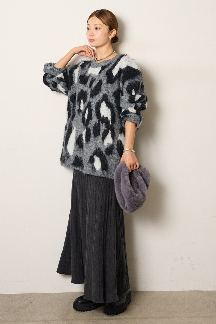 [SET]ルーズアニマルモヘアニットトップス+編み地切り替えフレアニットスカート(2set)