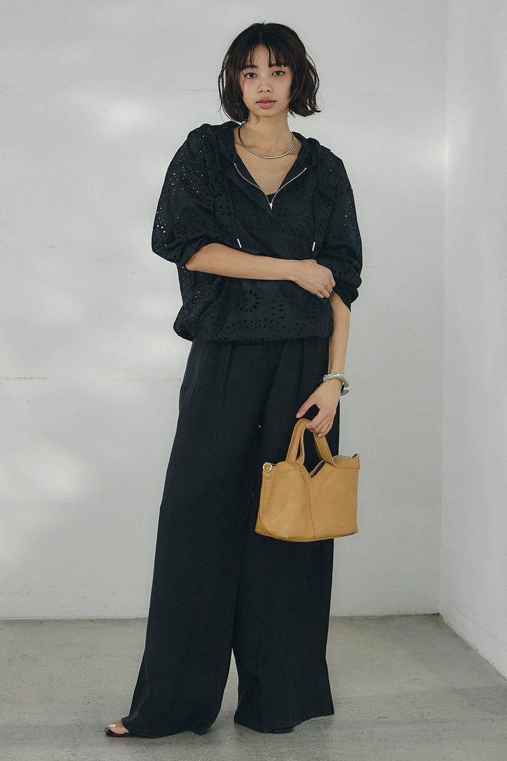 [SET]レースハーフジップアップフーディー+リネン混タックストレートワイドパンツ(2set)