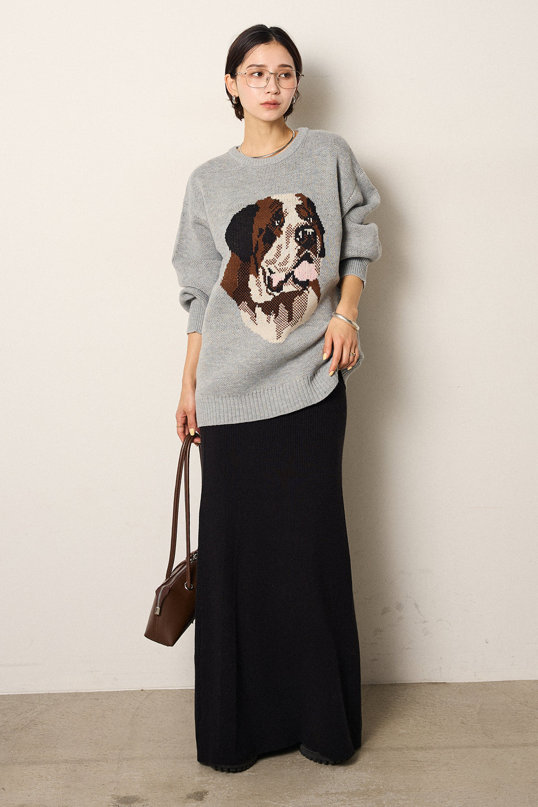 [SET]アニマルジャガード柄ニットトップス+リブナローニットスカート(2set)