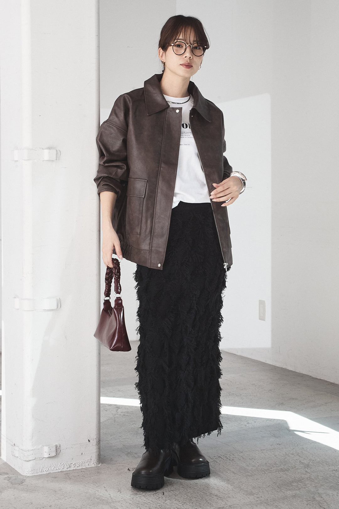 [SET]レザーライクオーバーサイズブルゾン+カットフリンジニットタイトスカート(2set)