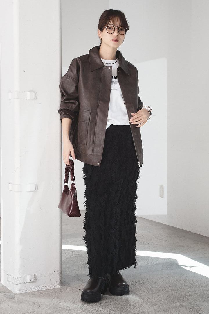 [SET]レザーライクオーバーサイズブルゾン+カットフリンジニットタイトスカート(2set)