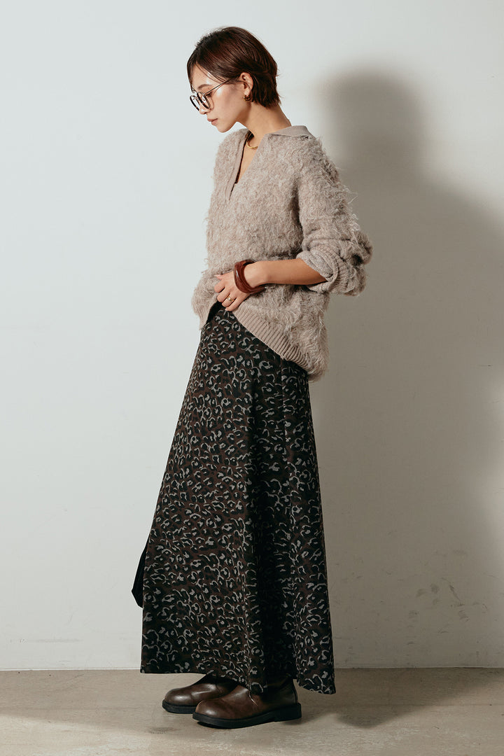 [SET]襟付きシャギーニットポロトップス+レオパードロングスカート(2set)