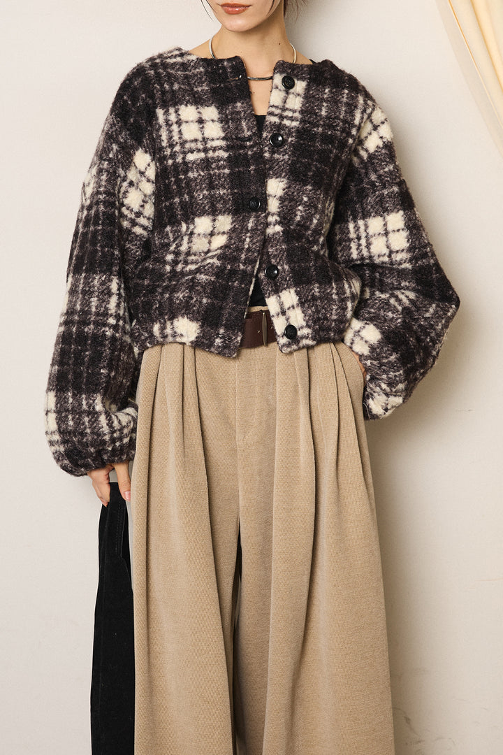 [SET]ノーカラーチェック柄ボアブルゾン+ベルトループコーデュロイワイドパンツ(2set)