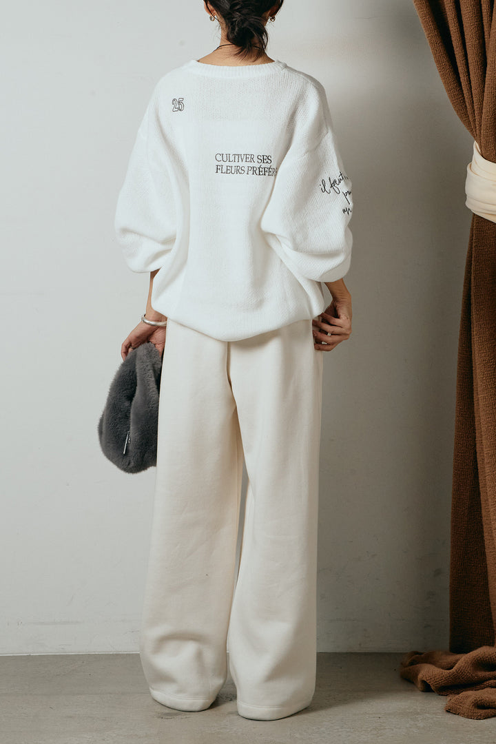 [SET]刺繍ロゴランダムデザインニットトップス+裏起毛スウェットワイドパンツ(2set)