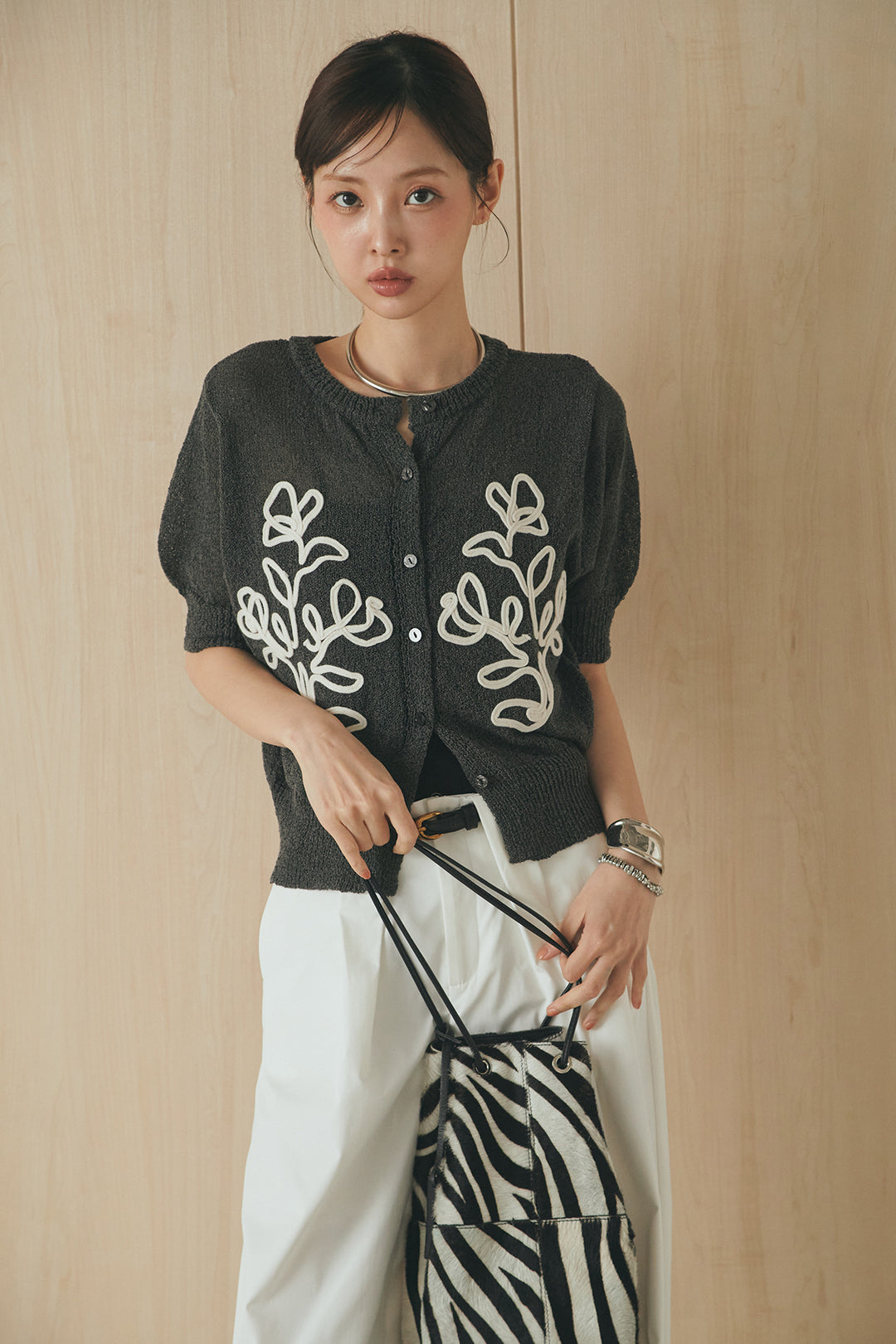 [SET]フロントテープデザイン半袖カーディガン+ベルトループデザインハイウエストタックパンツ(2set)