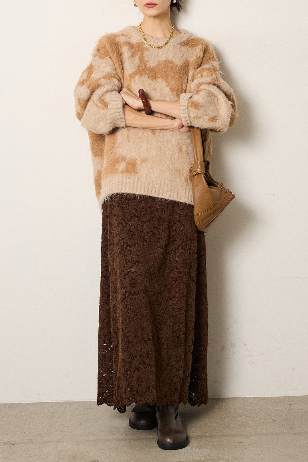 [SET]モヘアタッチマーブルニット+花柄刺繍ベロアフレアスカート(2set)