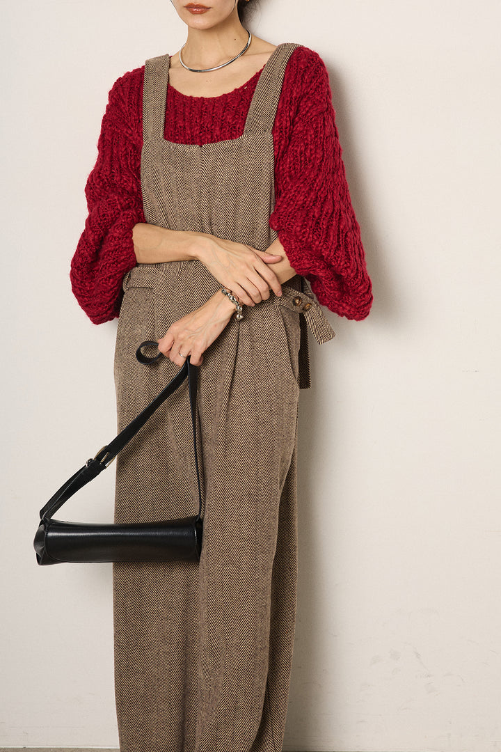 [SET]チャンキースラブニットクロップドプルオーバー+クラシックヘリンボーンサロペット(2set)