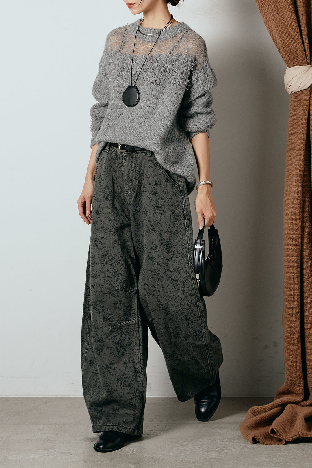 [SET]パターンランダム編みニットトップス+ベルト付きニュアンス柄カーブワイドパンツ(2set)