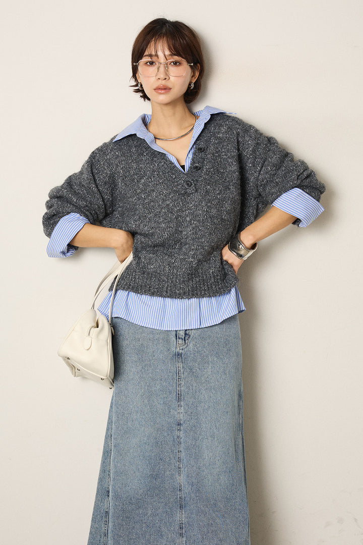 [SET]ストライプシャツドッキングニットポロトップス+デニムロングフレアスカート(2set)