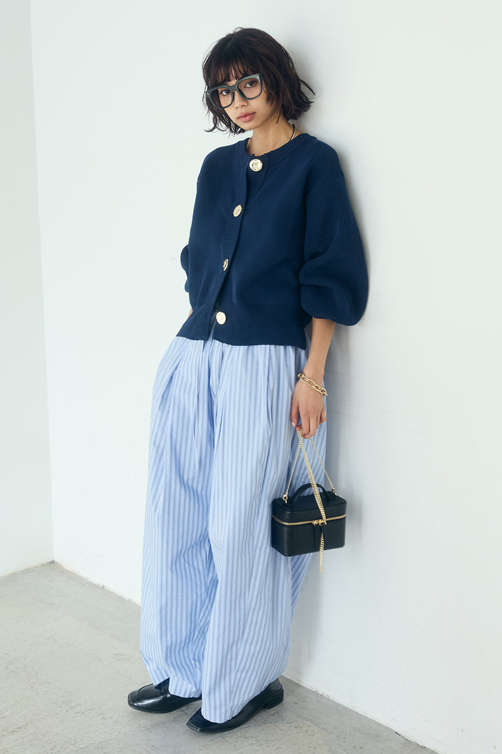 [SET]スポンディッシュBIGボタンクルーネックカーディガン+ランダムストライプタックギャザーパンツ(2set)