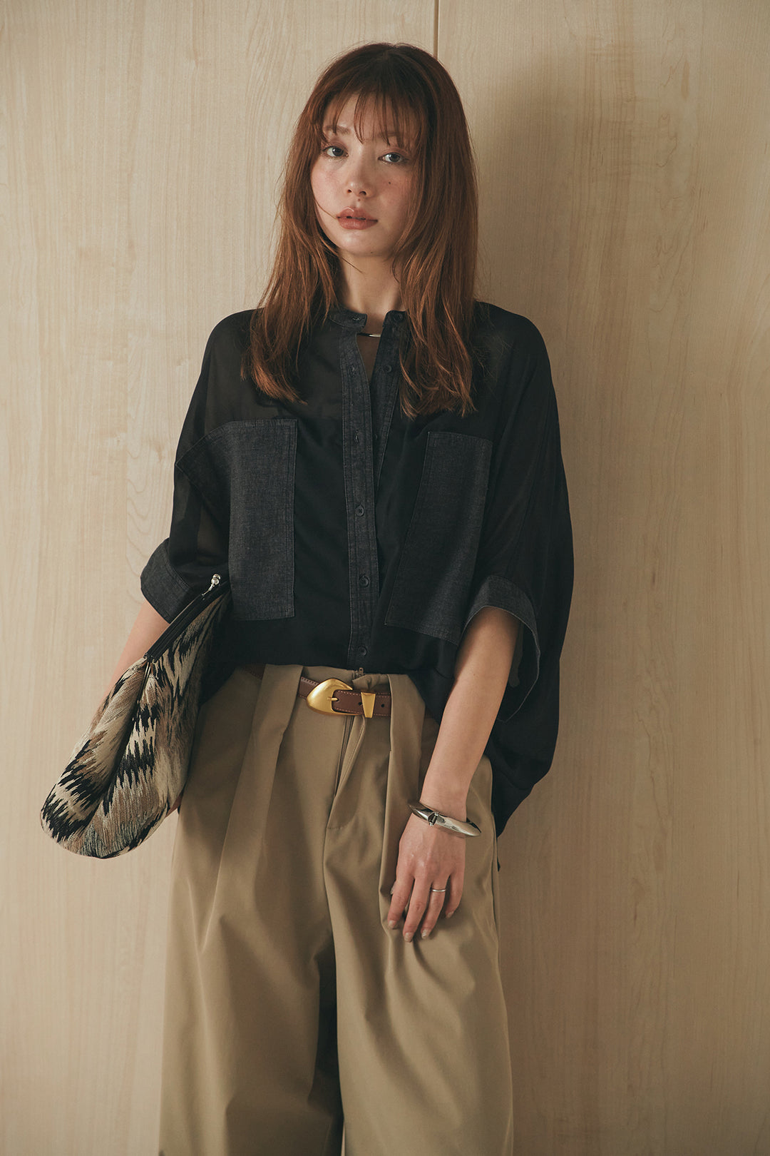 [SET]デニムライクビッグツーポケシアーシャツ+ベルトループデザインハイウエストタックパンツ(2set)