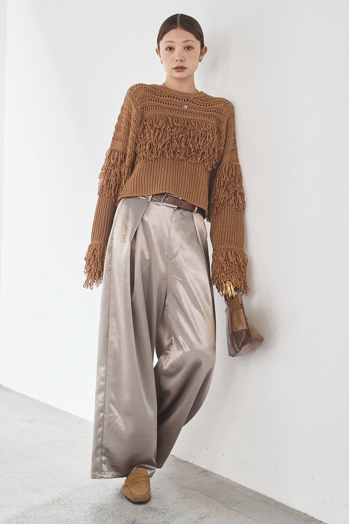 [SET]メッシュフリンジ切り替えプルオーバー+サテンタックワイドパンツ(2set)