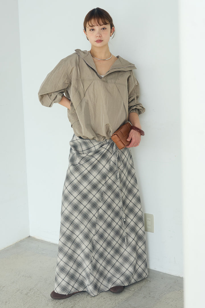 [SET]ナイロンフーディーブルゾンアウター+タータンチェック柄フロントデザインスカート(2set)